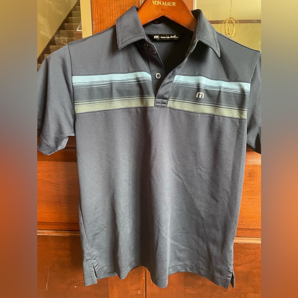 Travis Mathew kids navy  Polo with Teal and Olive Chest Stripes